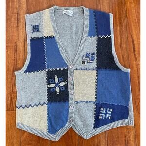 VTG 90s Women I.C. Isaacs snowflake winter knit cotton patchwork sweater vest L